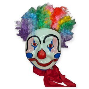 Vintage Colorful Clown Plastic Mask w/Elastic Strap No Cutouts & Rainbow Wig